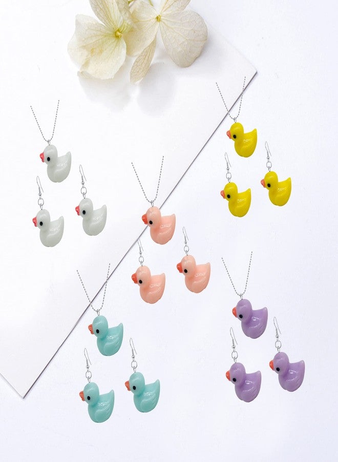 Anmpab 5 Pairs Weird Rein Cute Yellow Duck Drop Earring Necklace Set Funny Kawaii for Women Jewelry Lovely Duck Animal Dangle Earring Set Statement (5 Pairs Duck- White+Yellow+Pink+Green+Violet) - Image 5